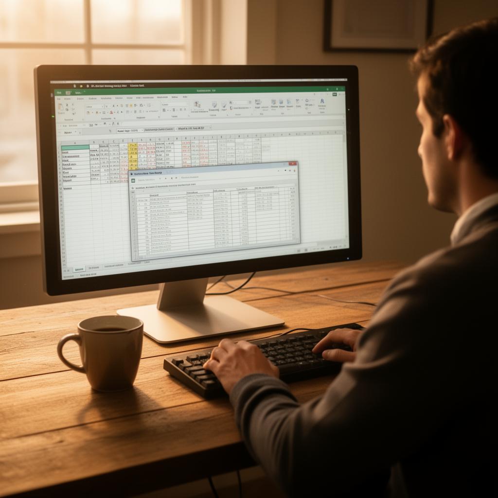 An analyst at a desk with multiple spreadsheets open on a monitor in early morning light.