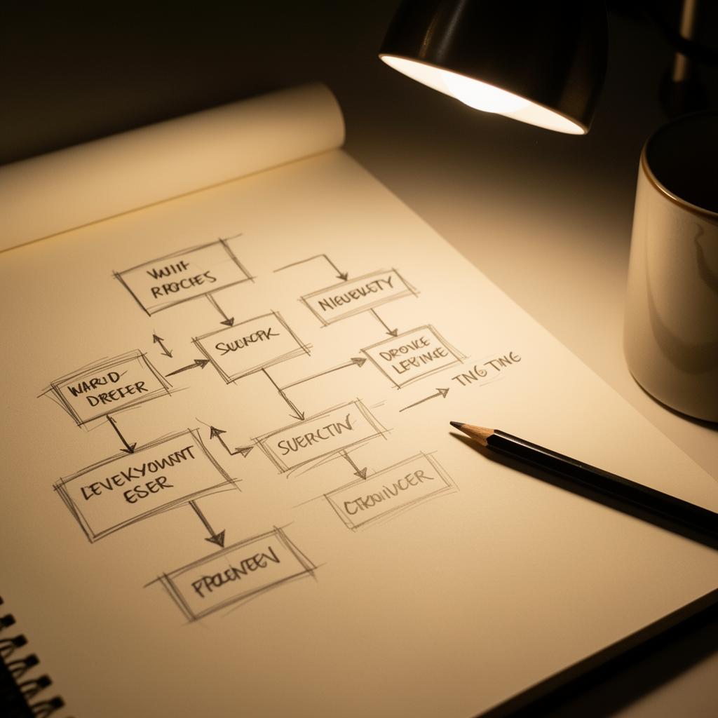 A hand-drawn process diagram in pencil on a paper notepad, warm desk light.